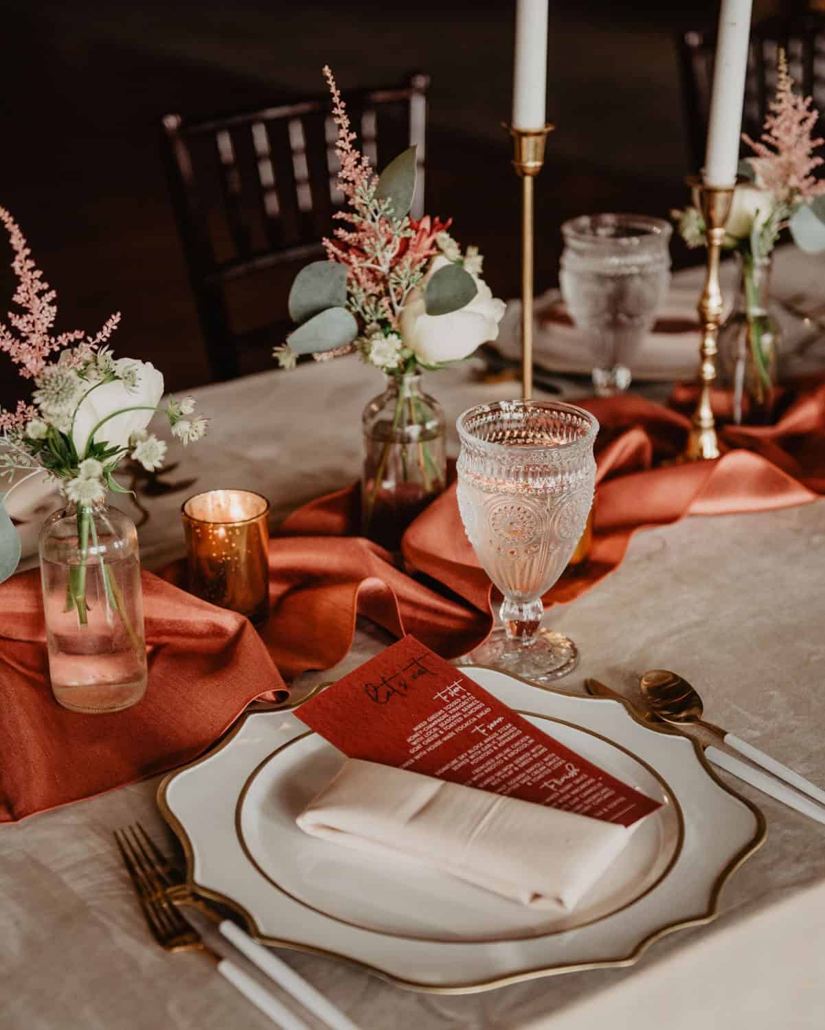 Beautiful wedding table with floral arrangements and candlelit decor.