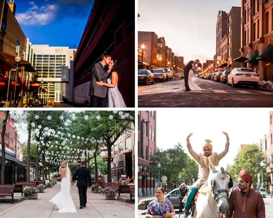 Couple kissing and walking in downtown Syracuse for wedding photos.
