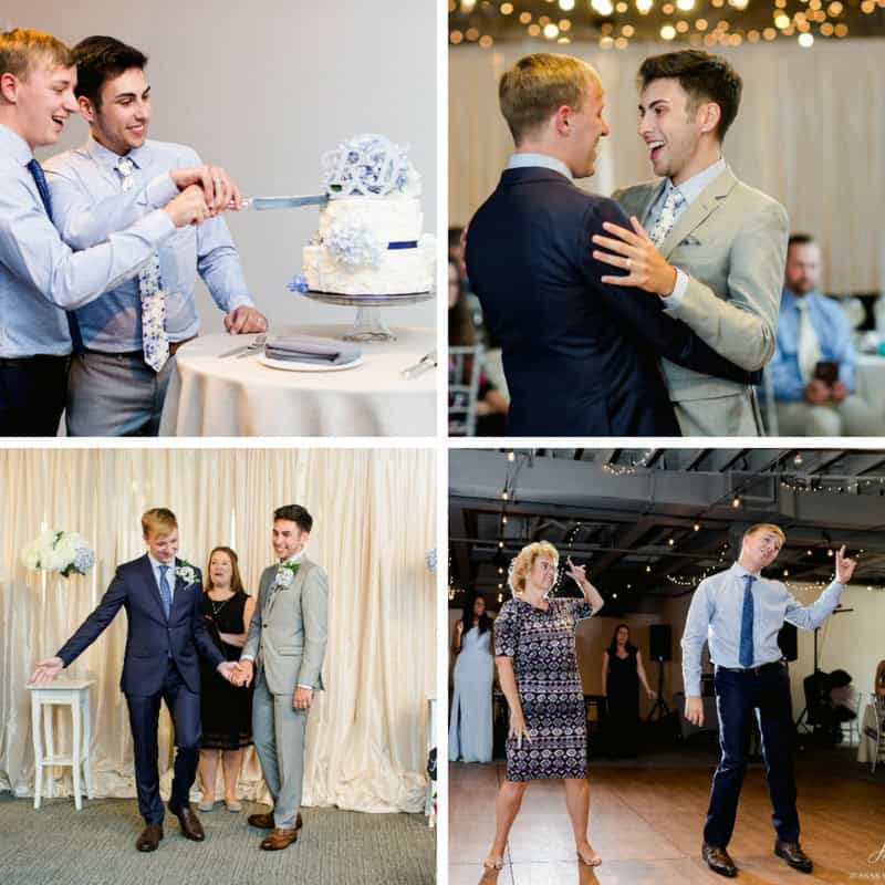 Couples and friends celebrating at a wedding reception in Cape Cod style.