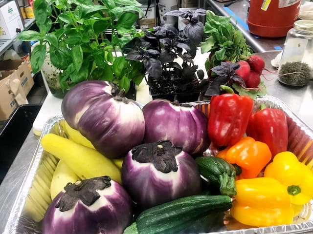 Colorful fresh vegetables including eggplants, peppers, and zucchini at farmers market.