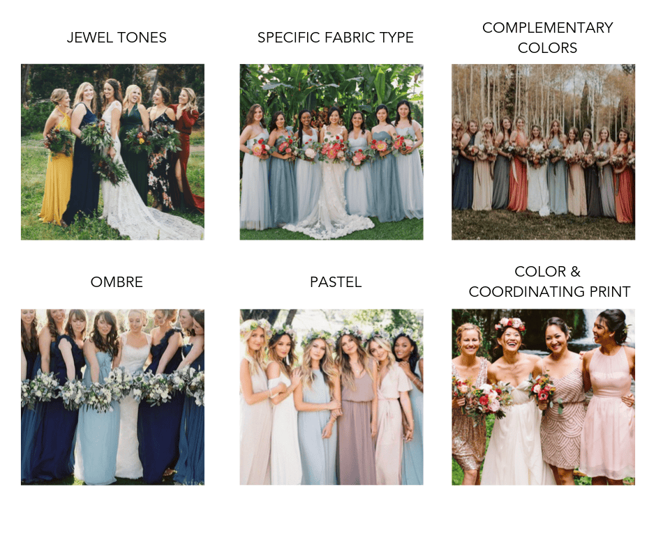 Diverse bridesmaids in various dresses for mismatched wedding style.