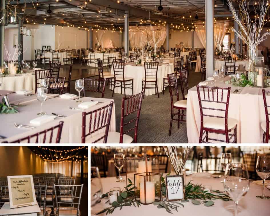 Elegant industrial winter wedding reception with string lights and rustic decor.