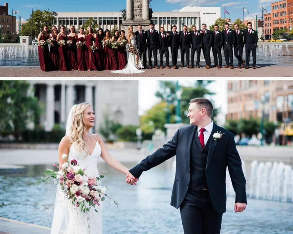 Wedding party and couple at downtown Syracuse fountain with cityscape background.