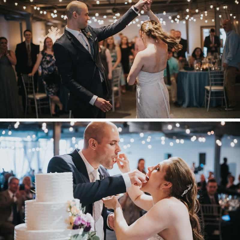 Couple dancing and cutting wedding cake at SKY Armory event.