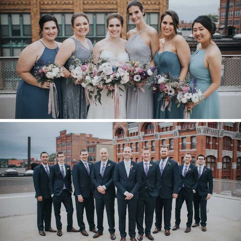 Wedding party with bridesmaids and groomsmen on rooftop at SKY Armory.