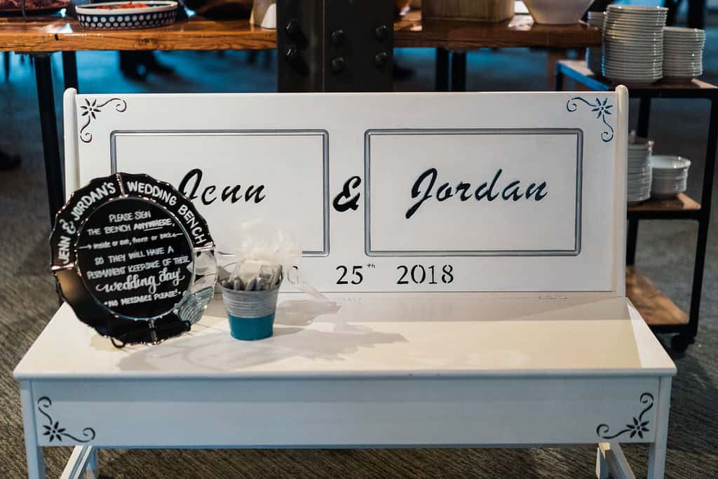 Wedding sign displaying names and wedding date for Sky Armory event.
