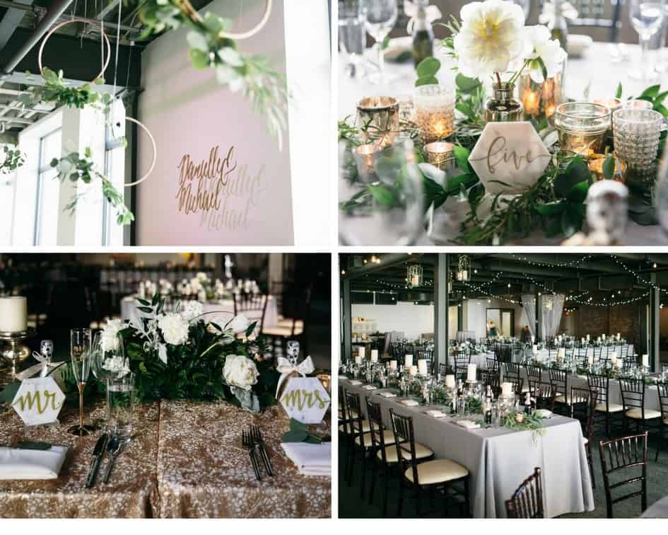 Chic wedding table decor with candles, flowers, and elegant table settings.