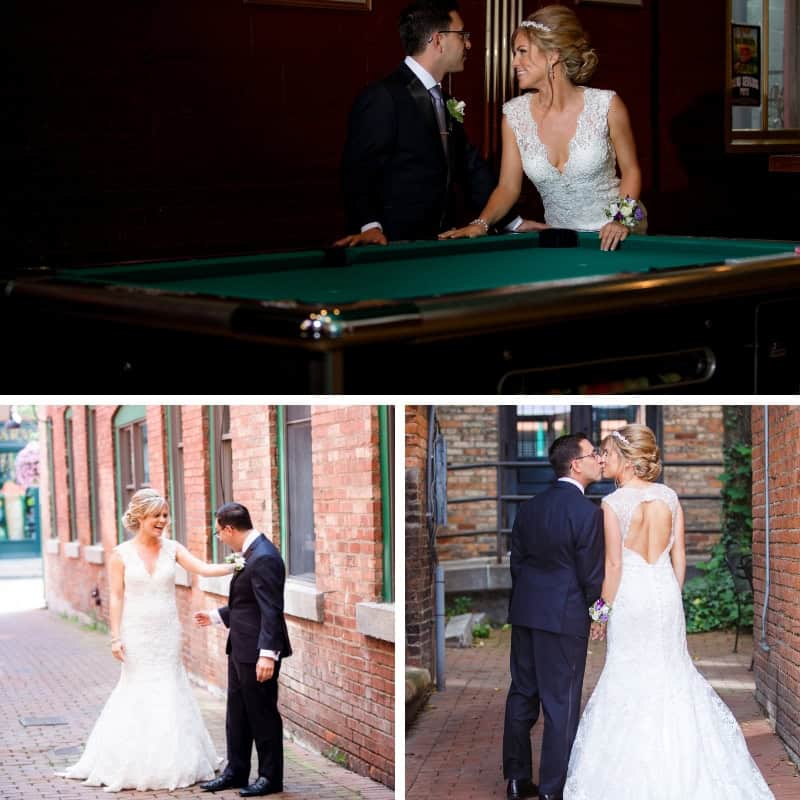 Bride and groom enjoying a moment near a pool table in downtown Syracuse.