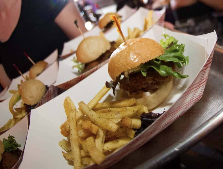 Delicious mini burgers and fries served as wedding reception late-night snacks.