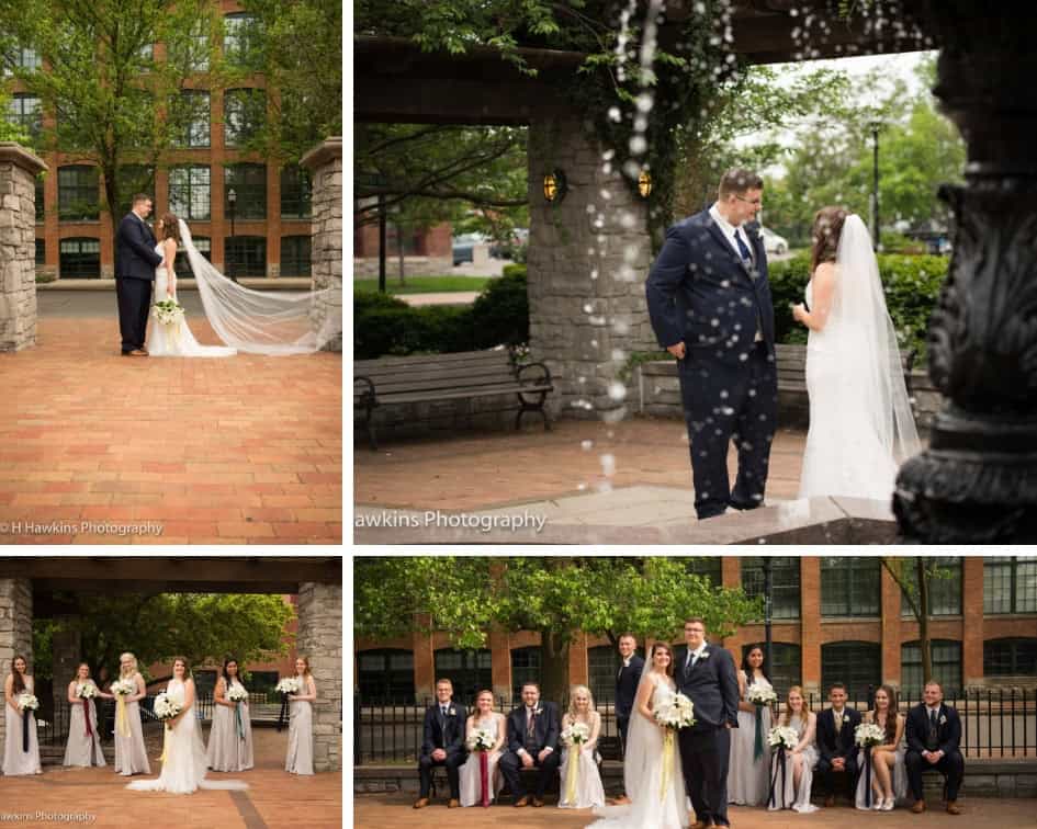 Wedding couple and bridal party in downtown Syracuse park.