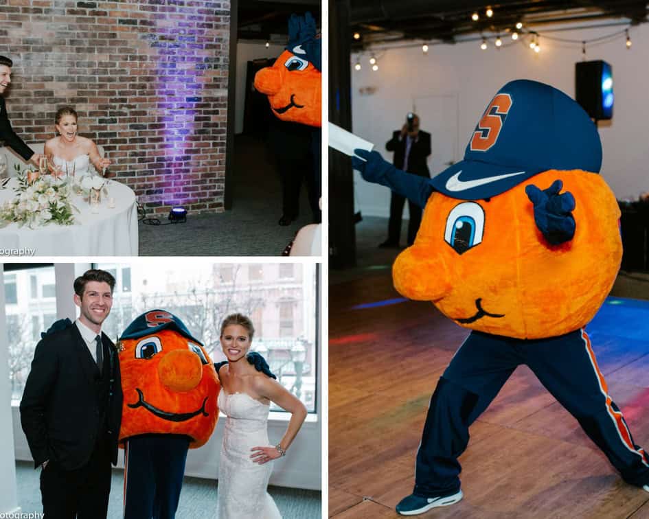 Sky Armory mascot in Syracuse Syracuse at wedding celebration.