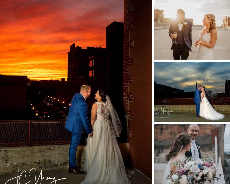 Romantic wedding couple at sunset in downtown Syracuse with city skyline.