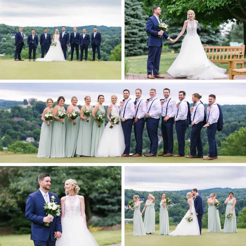 Wedding party photos at SKY Armory with bride, groom, and bridal party outdoors.