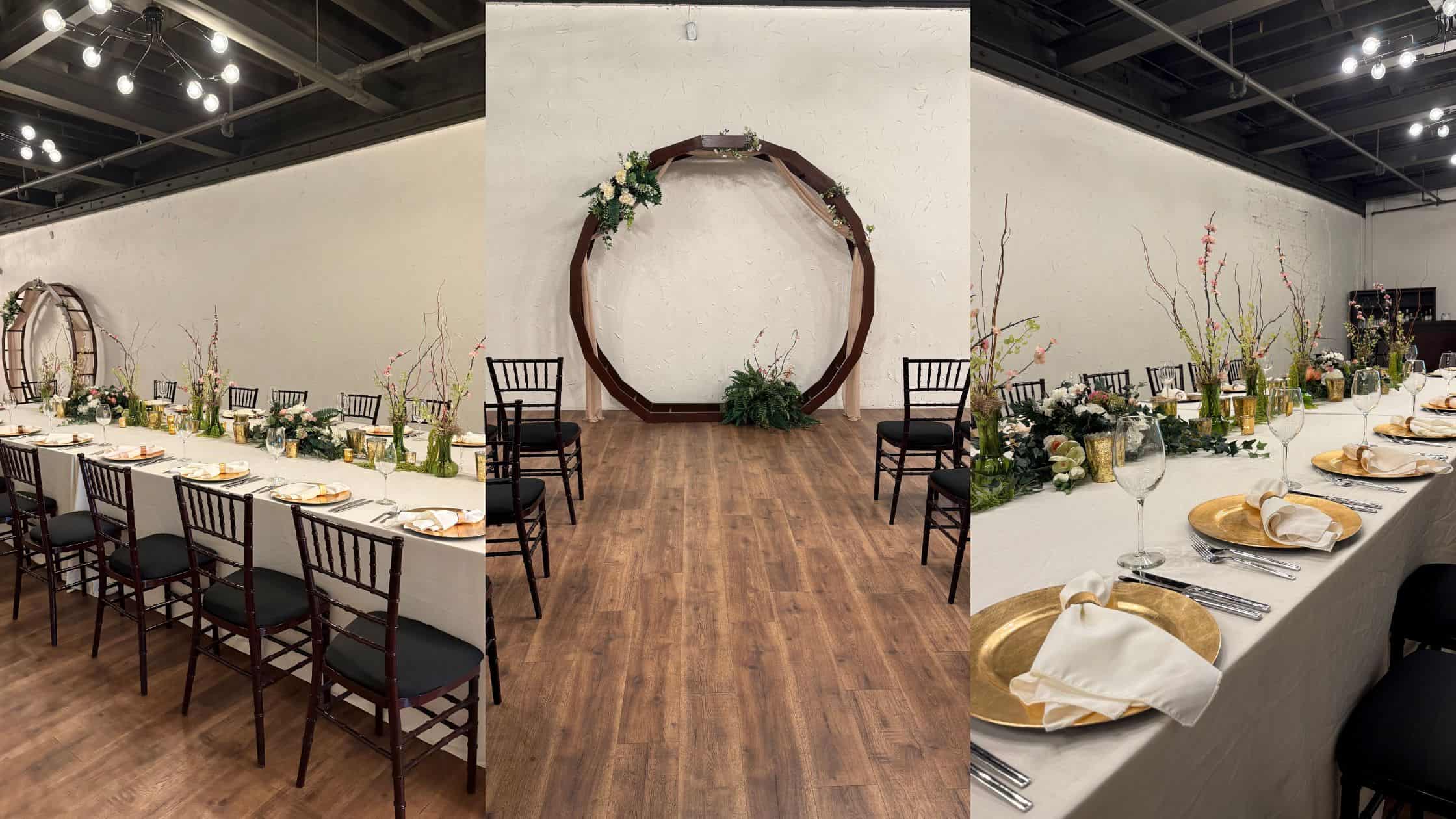 Beautiful wedding table arrangement with floral decor at SKY Armory.