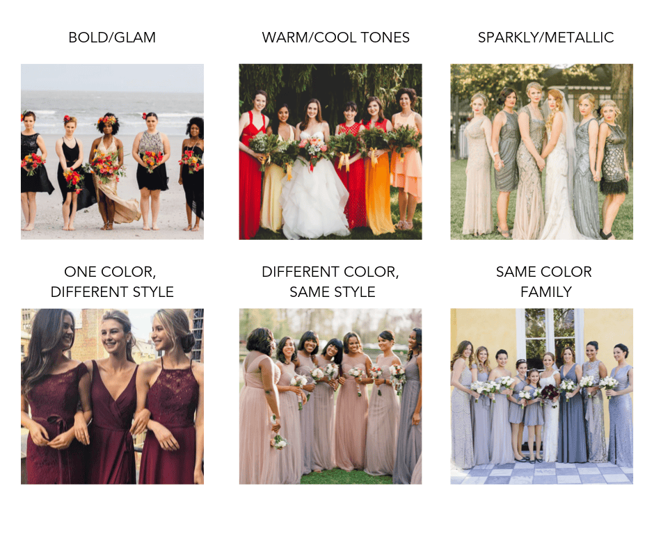 Diverse bridesmaids in various dresses showcasing mismatched styles and colors.