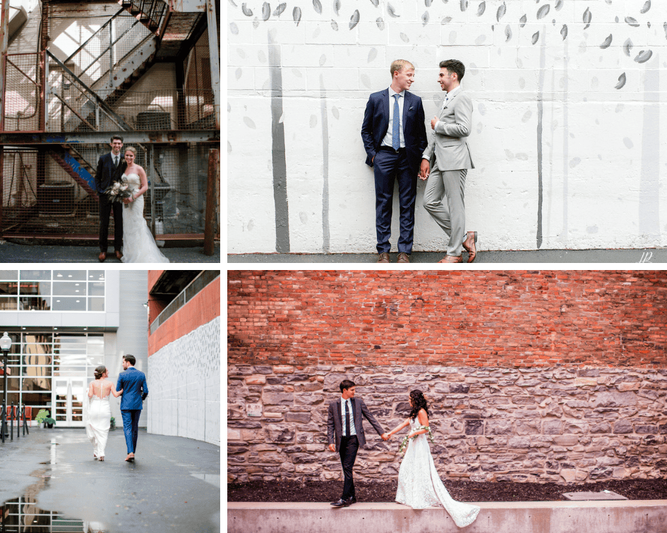 Couples in stylish wedding attire in downtown Syracuse locations.