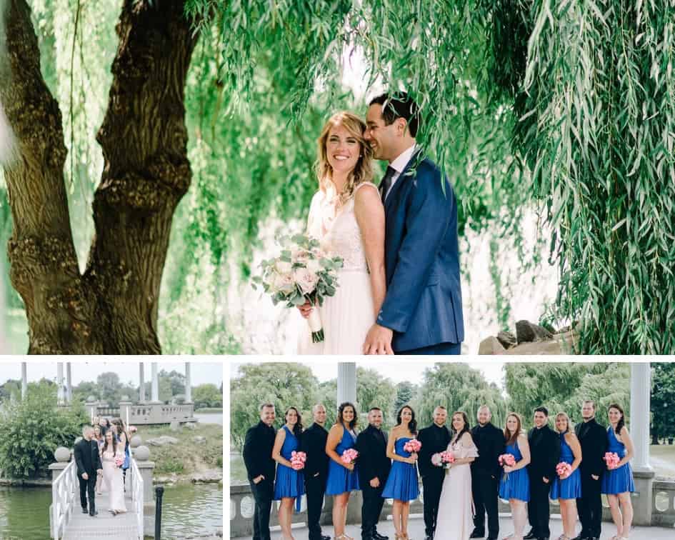 Beautiful wedding photos in downtown Syracuse with lush greenery and river views.