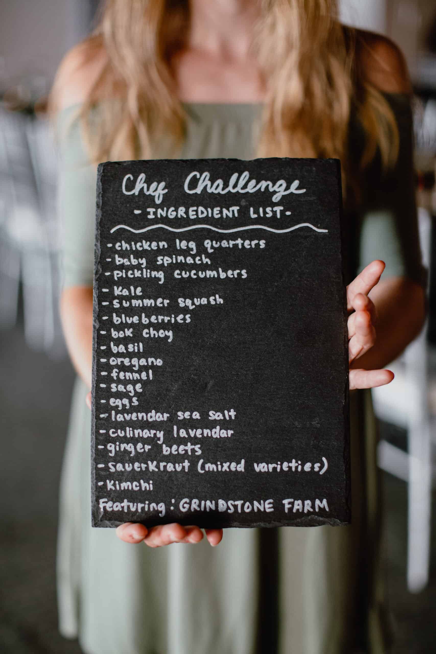 Chef Challenge ingredient list on blackboard at SKY Armory event.