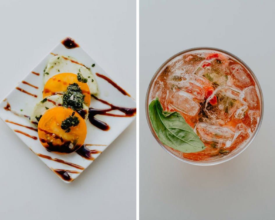 Fresh cheese and tomato appetizer with balsamic glaze and a summer spritzer drink.
