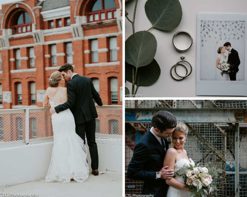 Beautiful wedding couple sharing a kiss on rooftop with city background.