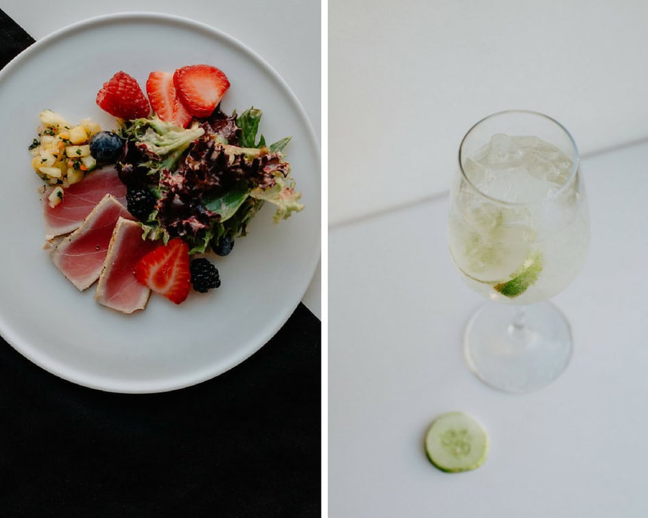 Refreshing summer spritzer and fresh fruit salad at outdoor dining.