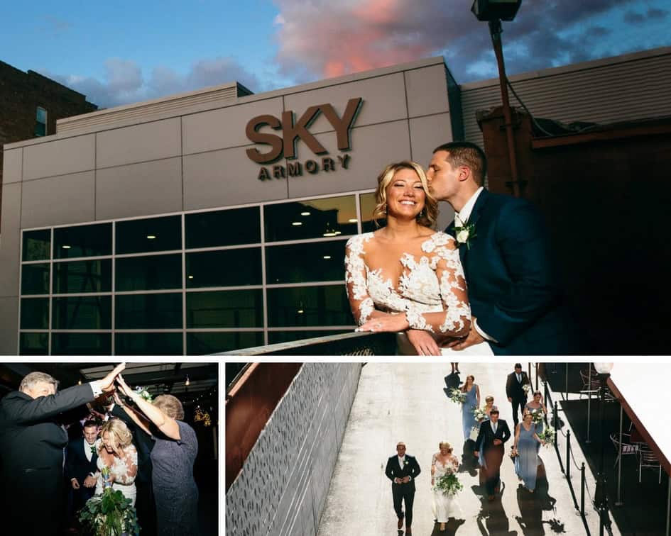 Couple at Sky Armory wedding venue during sunset.
