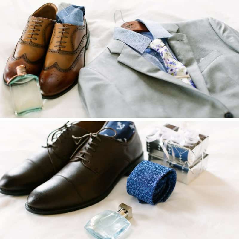 Men's dress shoes, suit, and accessories for formal occasion.