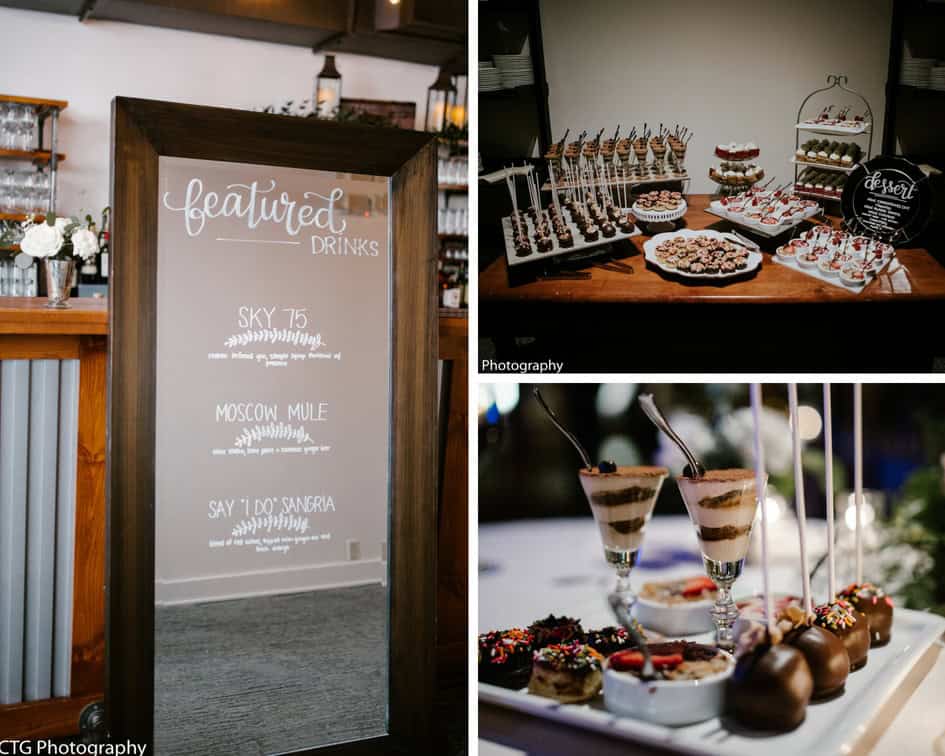Dessert and drink table with chocolates, cupcakes, and beverages at SKY Armory.