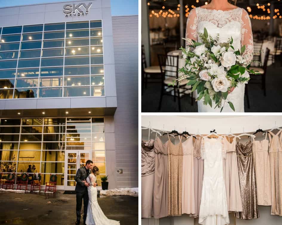 Elegant wedding dress and bouquet at Sky Armory industrial venue.