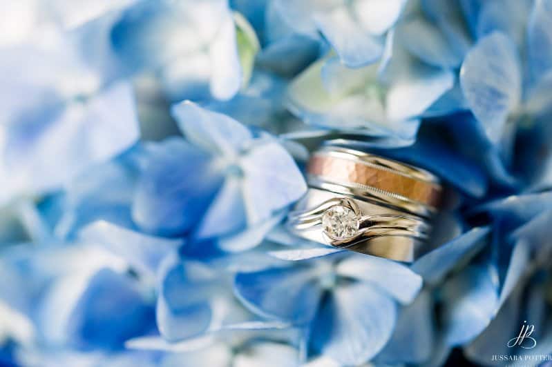 Wedding rings with diamond on blue hydrangea flowers for engagement or wedding.